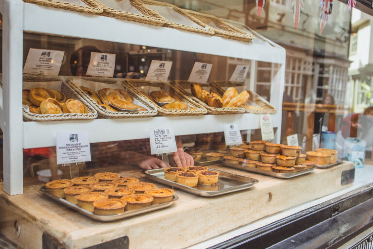 Pies on display in the Shambles Sausage & Pie Company